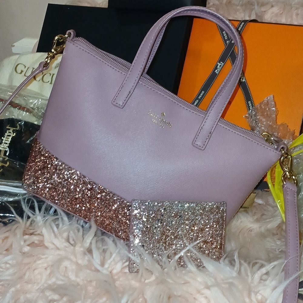 Kate Spade Pink Glitter Medium Crossbody Bag W/ Matching Card Holder Set